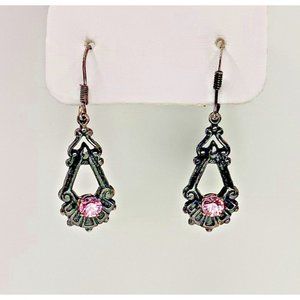 Hanging Earrings Sterling Silver With Gun Metal Wash Pink Faceted Glass 925 Mark